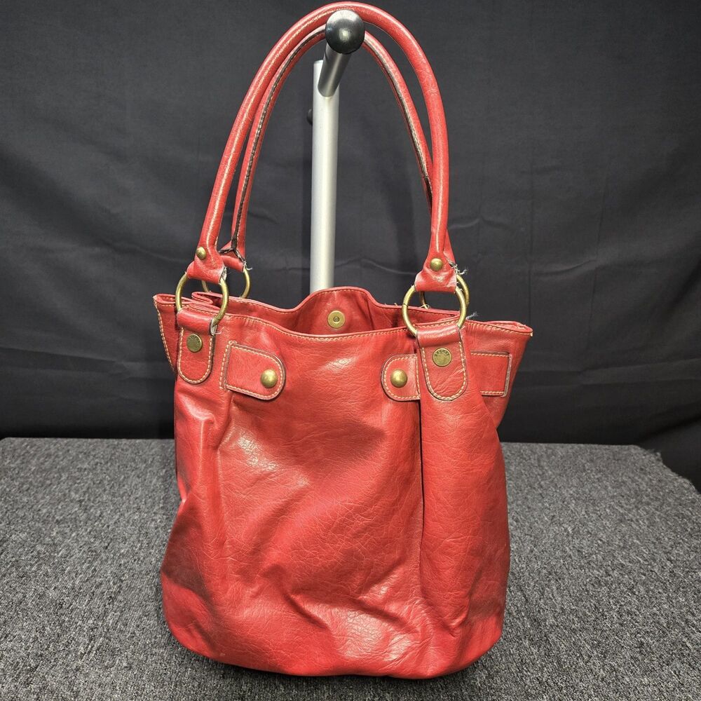Axcess Red Faux Leather Handbag Gold Hardware Double Handle Shoulder Purse Bag